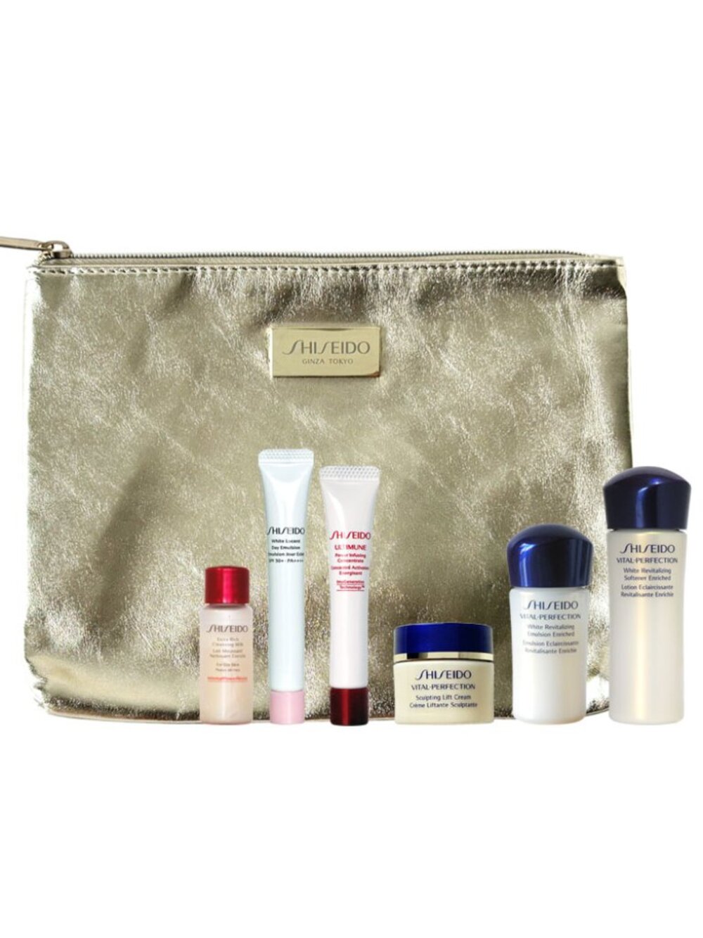 Shiseido 7 PC Gift Set~Vital Perfection, White Lucent, Ultimune, Cleansing, Bag